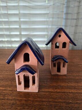 Art Pottery VTG Blue Glaze Cutout Village Terracotta Cottages Set of 2